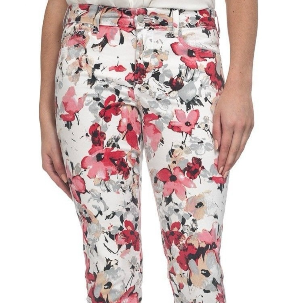 NYDJ| Women's White High Rise Straight Leg Ankle Jean in Floral Red & Pink Sz 2